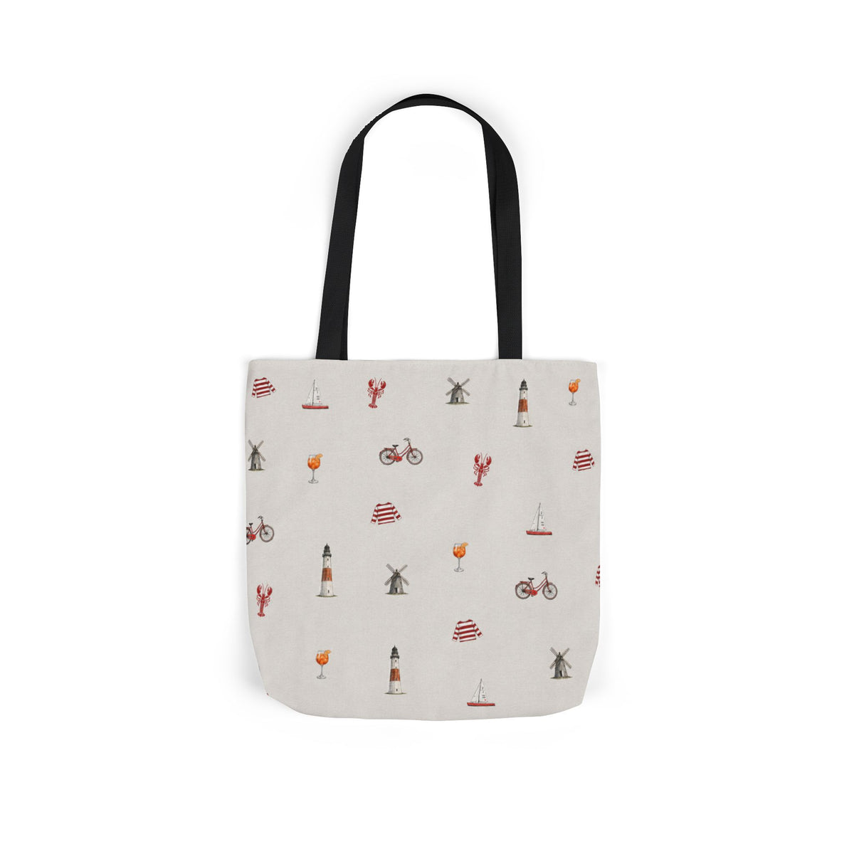 Icons of the Hamptons Heather Gray Canvas Tote — Lighthouse, Windmill, Lobster, Sailboat Icons