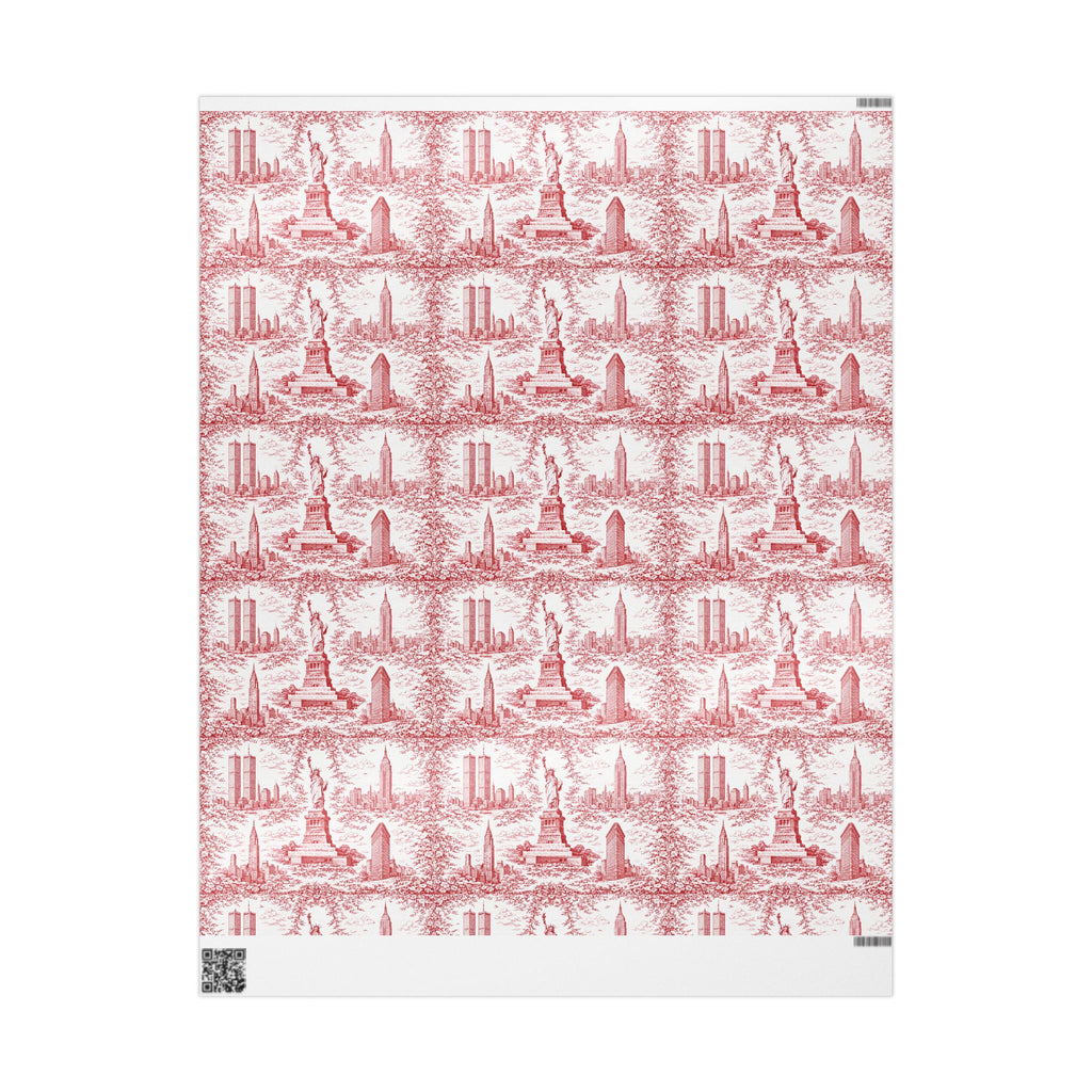 Manhattan NYC Red Toile Gift Wrapping Papers   Chinoiserie Old New York City Gift Wrap Empire State Building Twin Towers Statue of Liberty