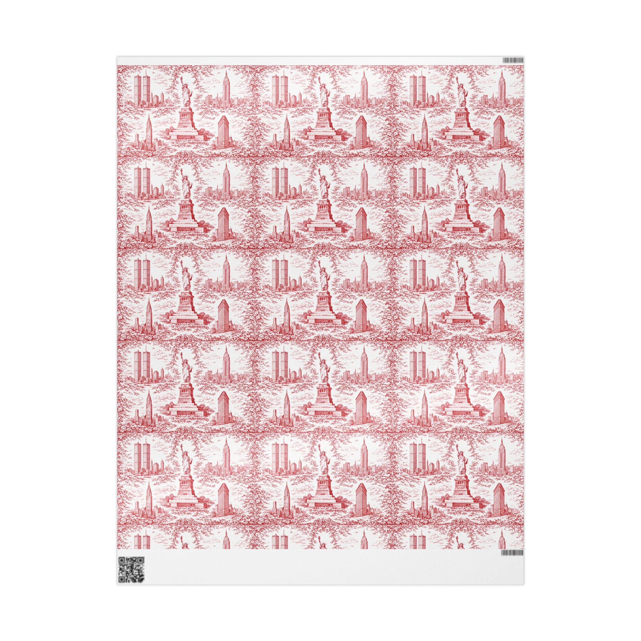 Manhattan NYC Red Toile Gift Wrapping Papers   Chinoiserie Old New York City Gift Wrap Empire State Building Twin Towers Statue of Liberty