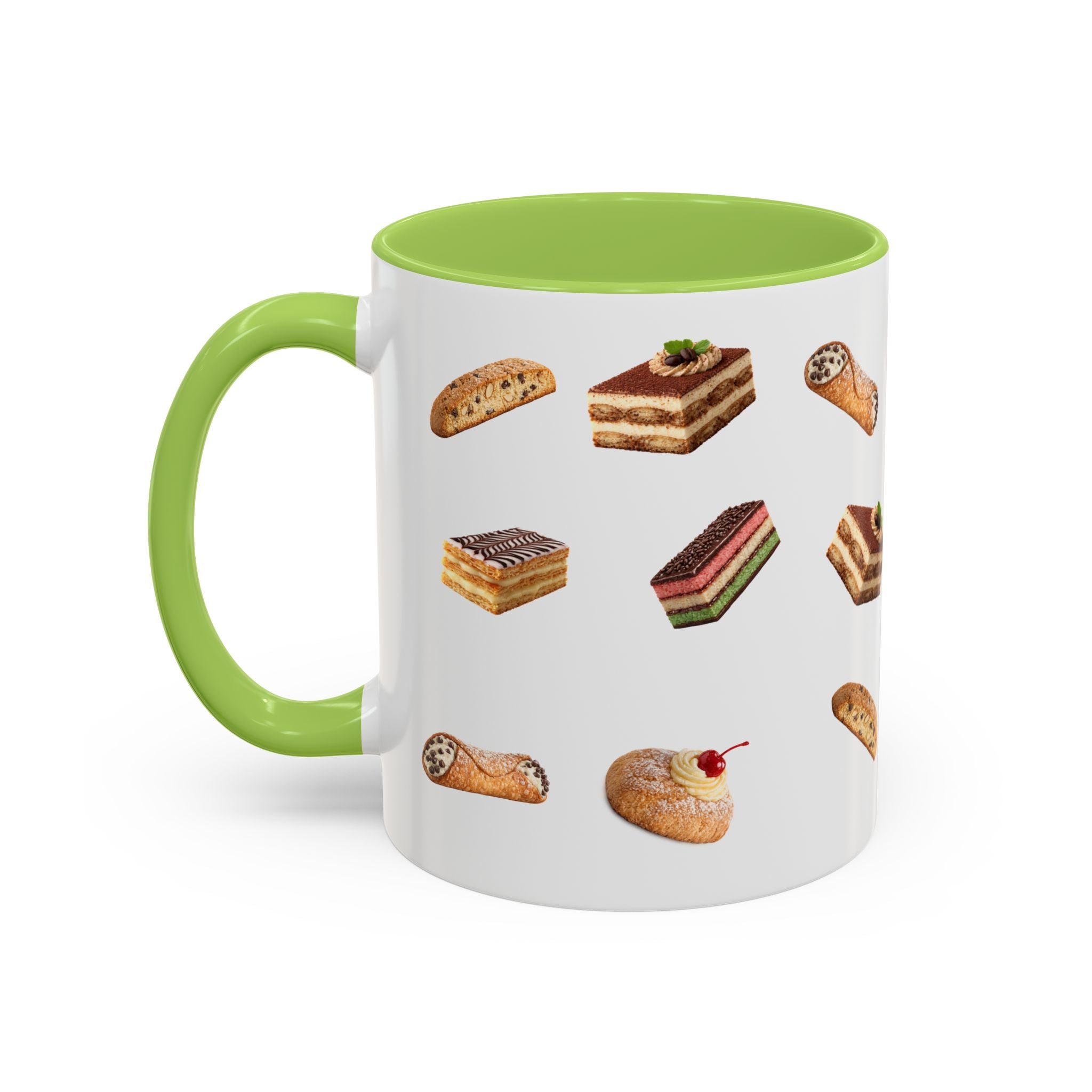 NYC Italian Bakery Pattern Accent Mug | Cannoli Rainbow Cookie Zeppoli Tiramisu Biscotti Napoleon 11oz Ceramic Coffee Cup