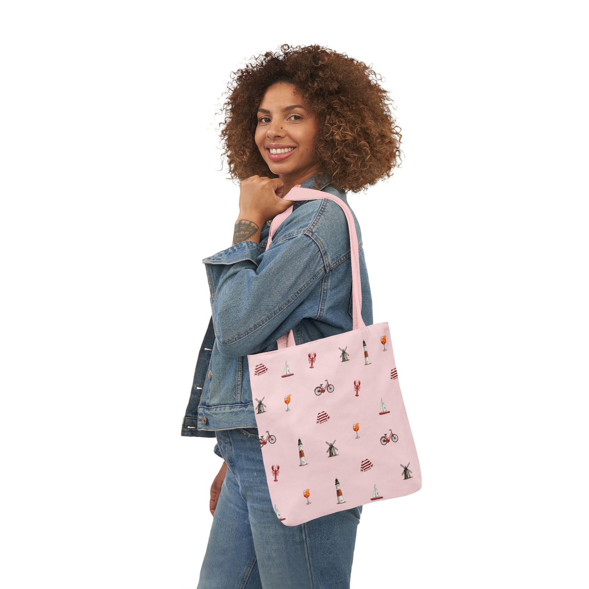 Icons of The Hamptons Pink Canvas Tote — Lighthouse, Windmill, Lobster Sailboat Icons