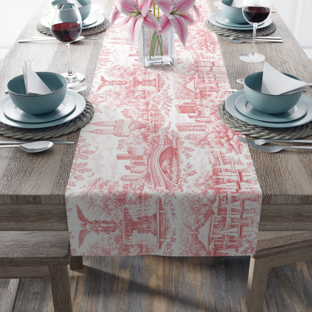 Central Park NYC Red Toile de Jouy Table Runner — New York Chinoiserie Dining Table Decor