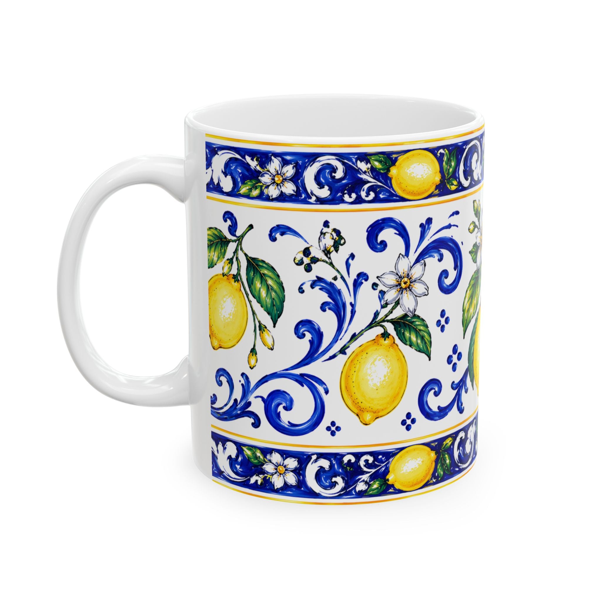 Little Italy Amalfi Blue and White with Lemon Mug — Italian Mediterranean Pattern Coffee Cup (11oz)