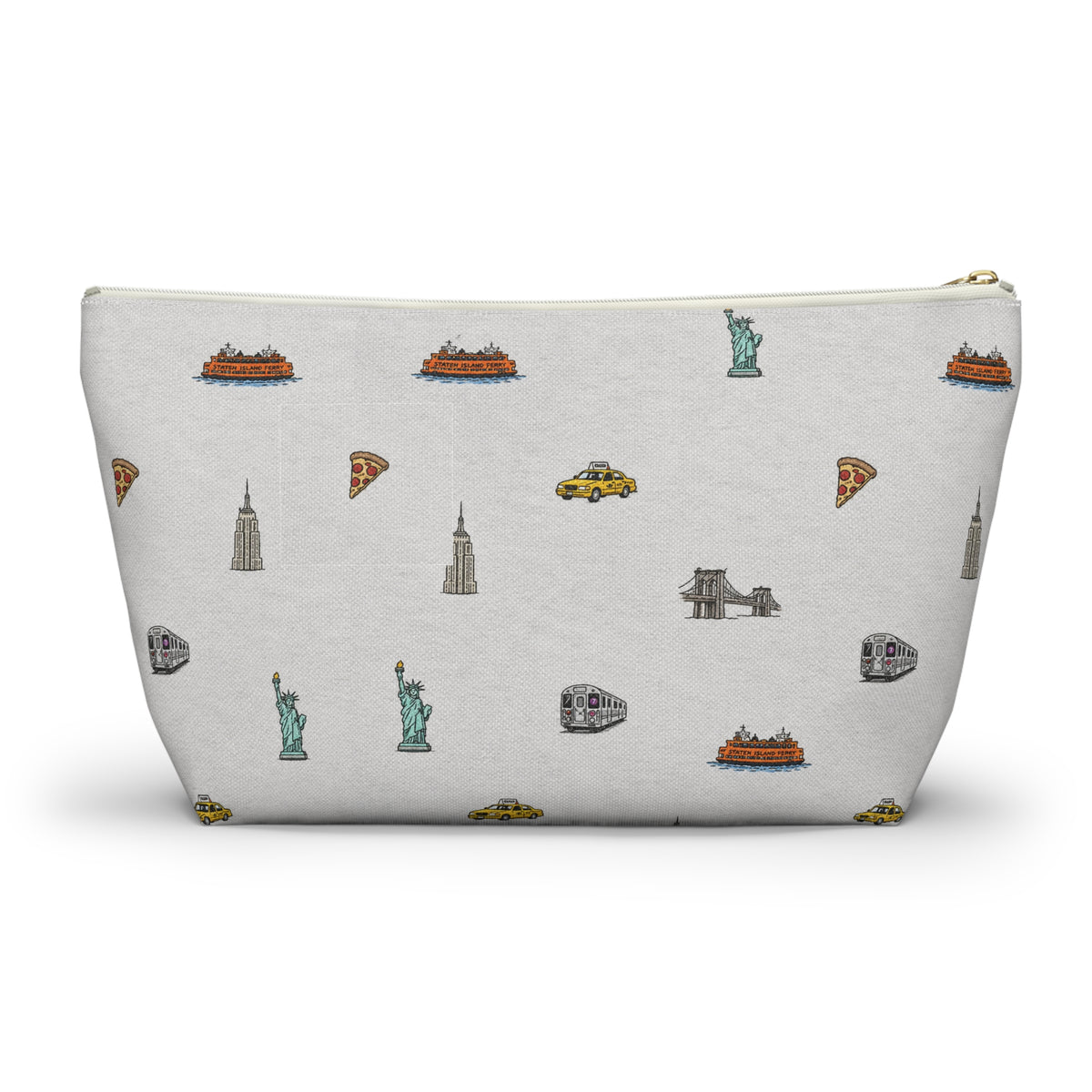 Icons of New York City Large Heather Gray Accessory Pouch — T-Bottom Makeup Bag with Statue of Liberty, Taxi & Pizza Pattern