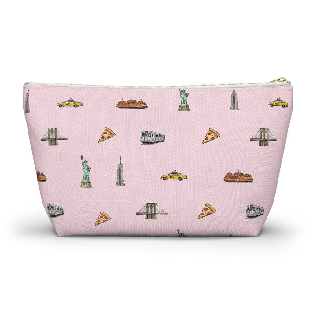 Icons of New York City  Large Pink Accessory Pouch — T-Bottom Makeup Bag with Statue of Liberty, Taxi & Pizza Pattern