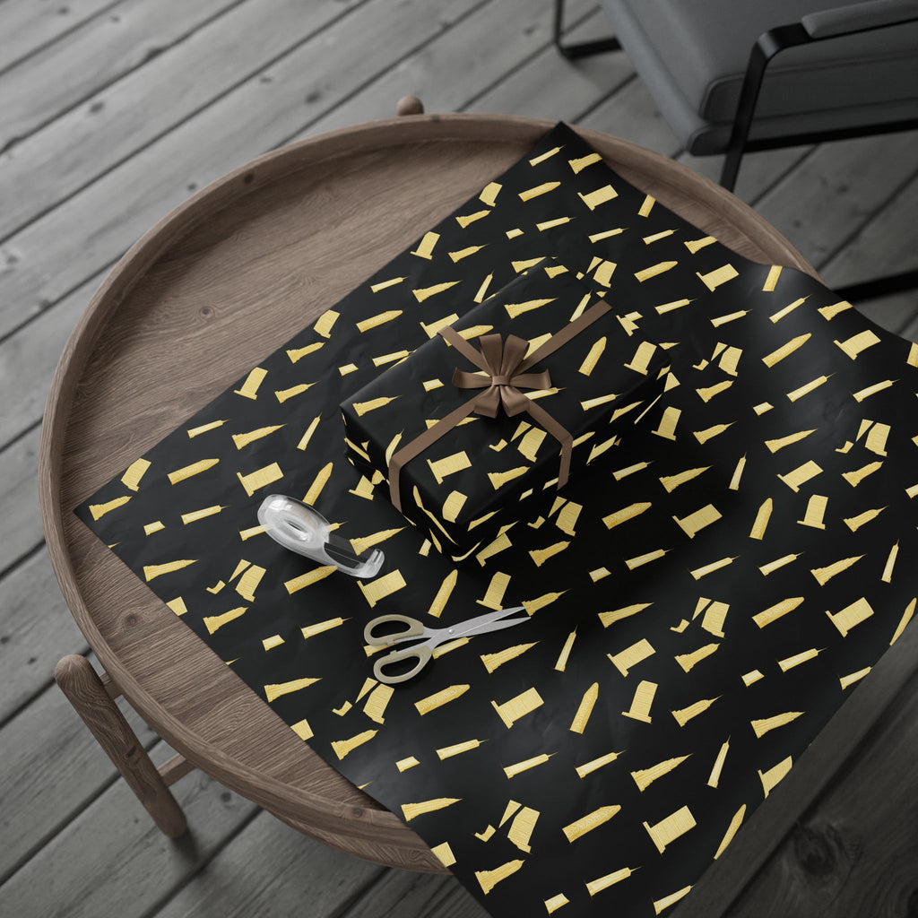 NYC Architecture Gold on Black Pattern Gift Wrap Paper | Iconic New York Buildings Empire State Chrysler Flatiron Wrapping Paper
