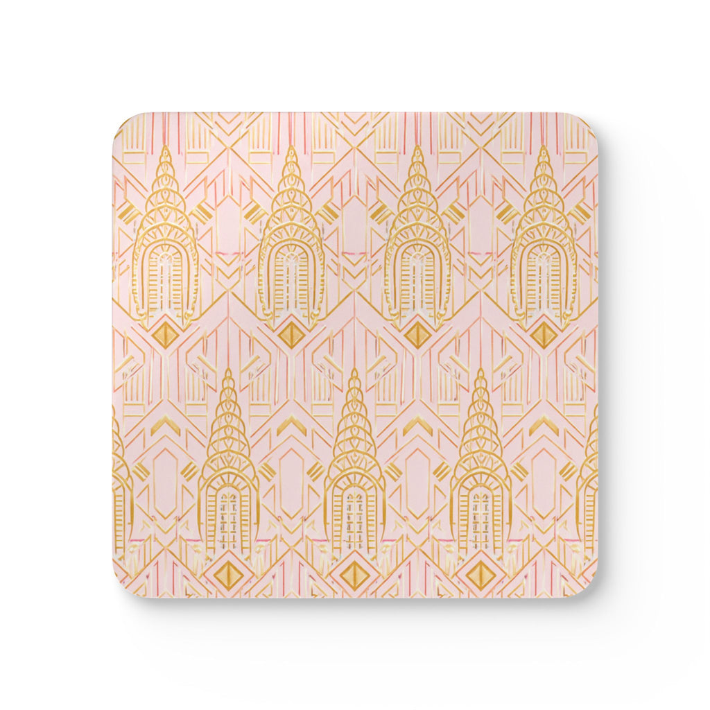 Art Deco Chrysler Building Gold & Pink Cork Coaster Set — Geometric Cocktail Coasters Set of 4