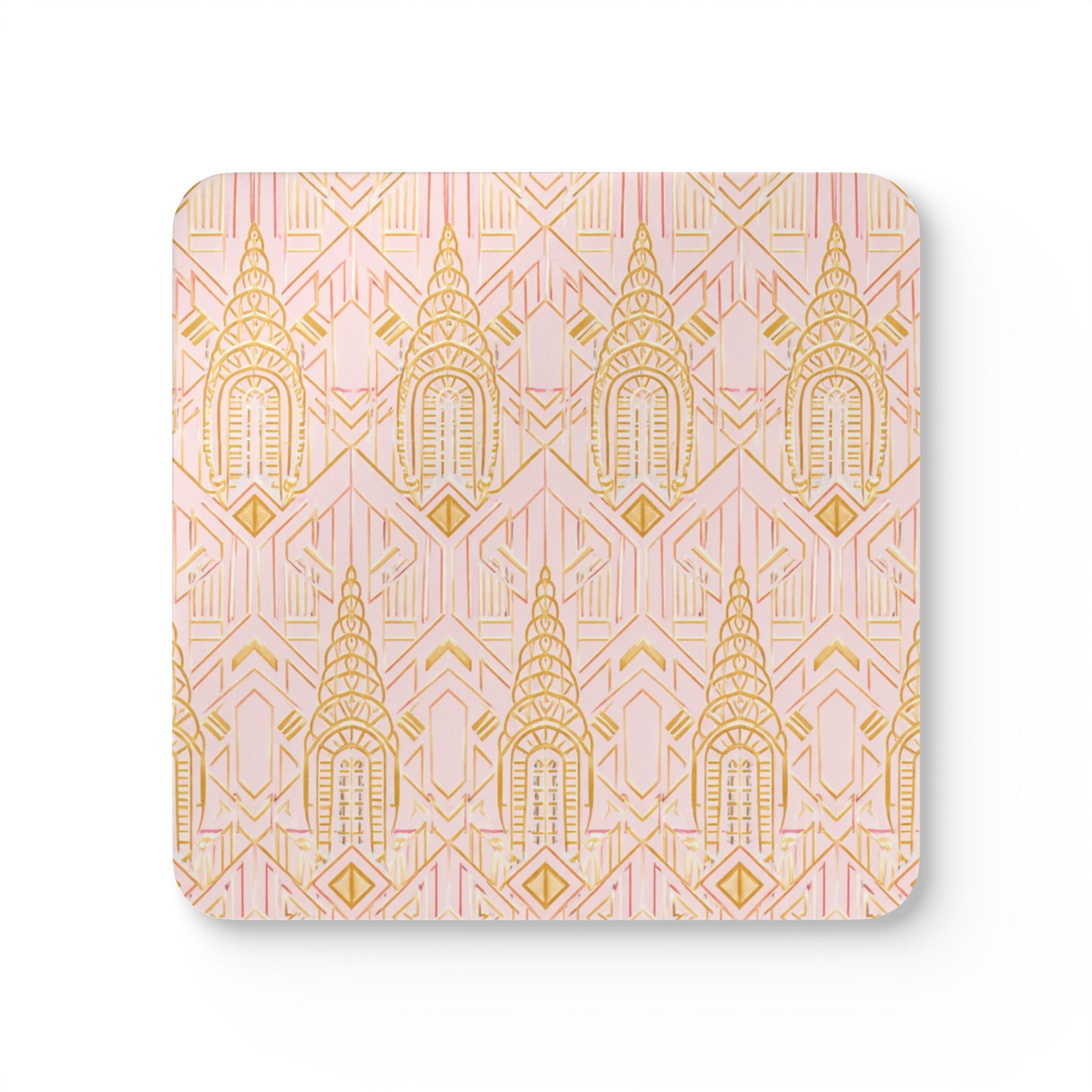 Art Deco Chrysler Building Gold & Pink Cork Coaster Set — Geometric Cocktail Coasters Set of 4