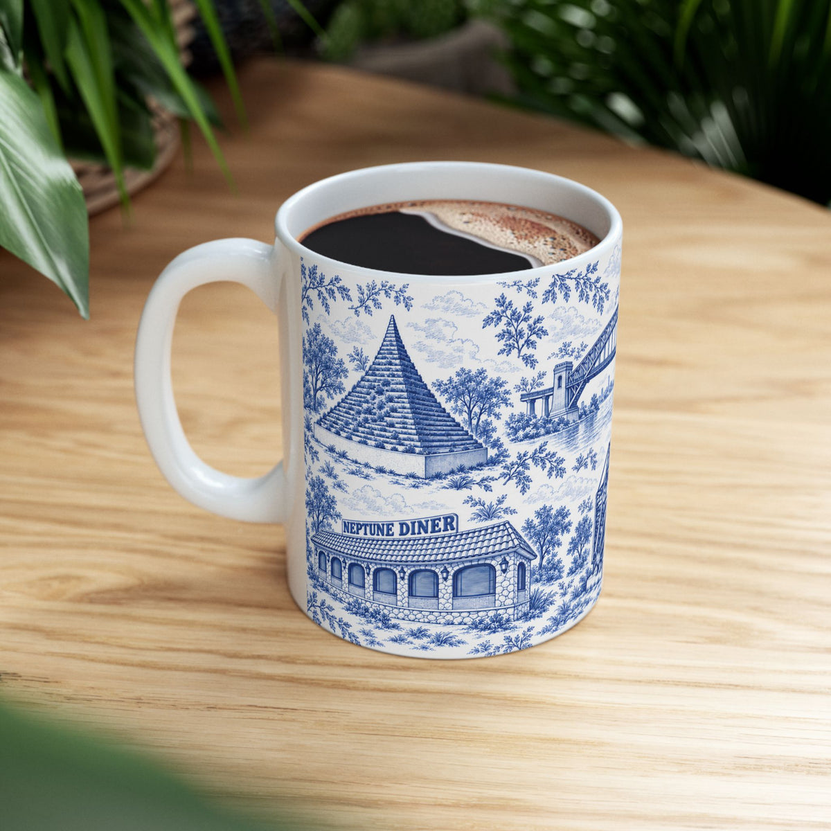 Astoria Blue Toile Cityscape Ceramic Mug — 11oz Decorative Coffee Cup