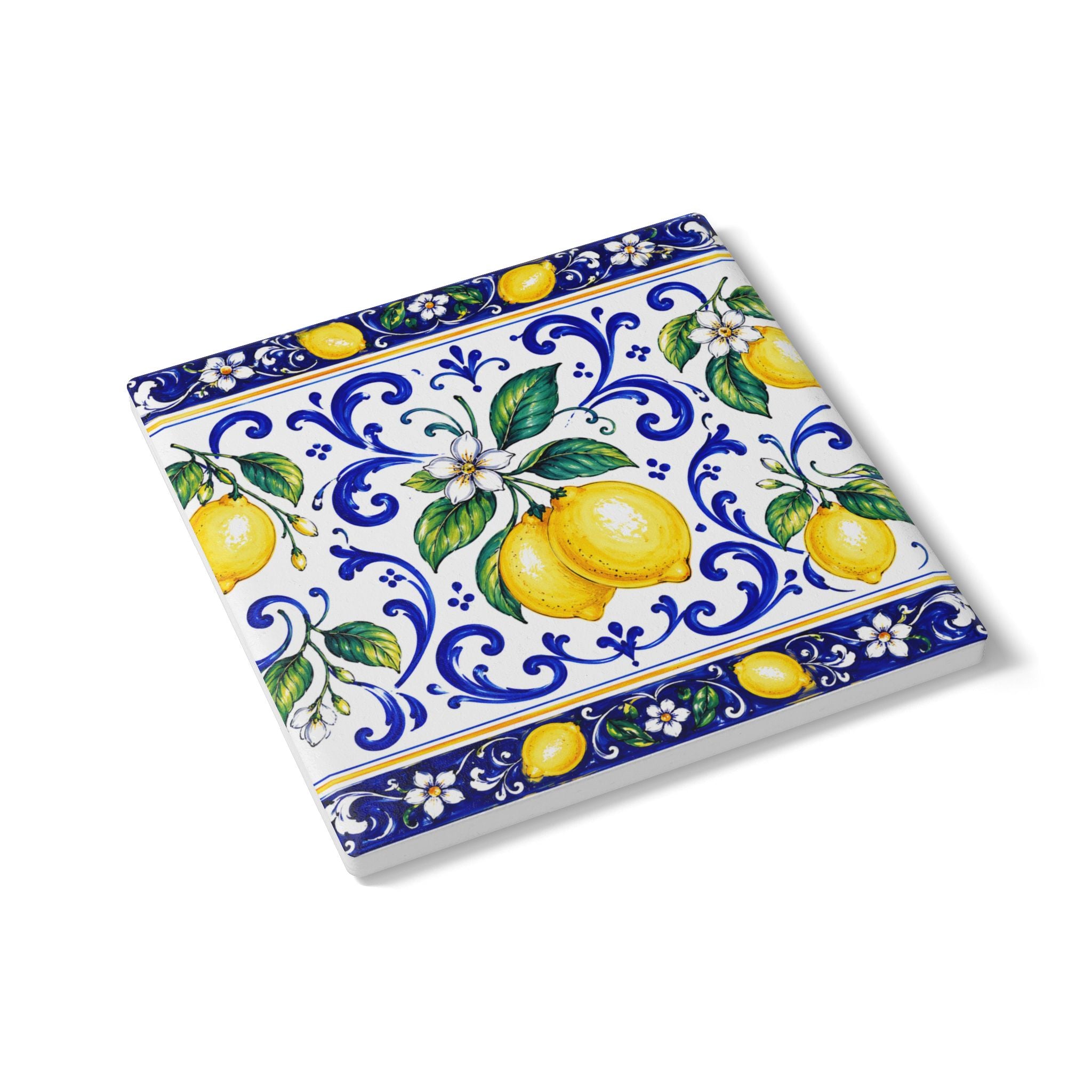 Little Italy Amalfi Blue and White with Lemon Ceramic Coaster — Mediterranean Lemon Pattern Drink Coaster
