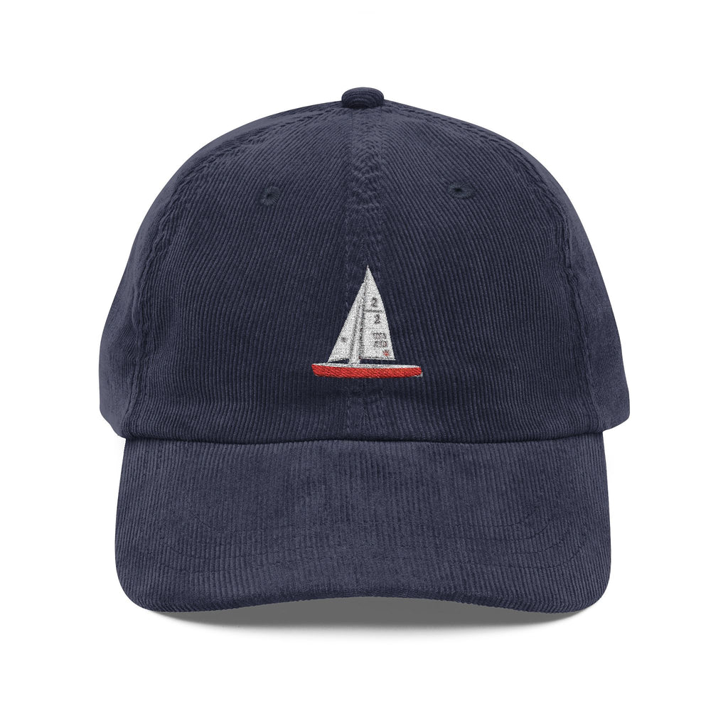 Central Park Model Sailboat Embroidered Corduroy Cap — Navy Trucker Hat
