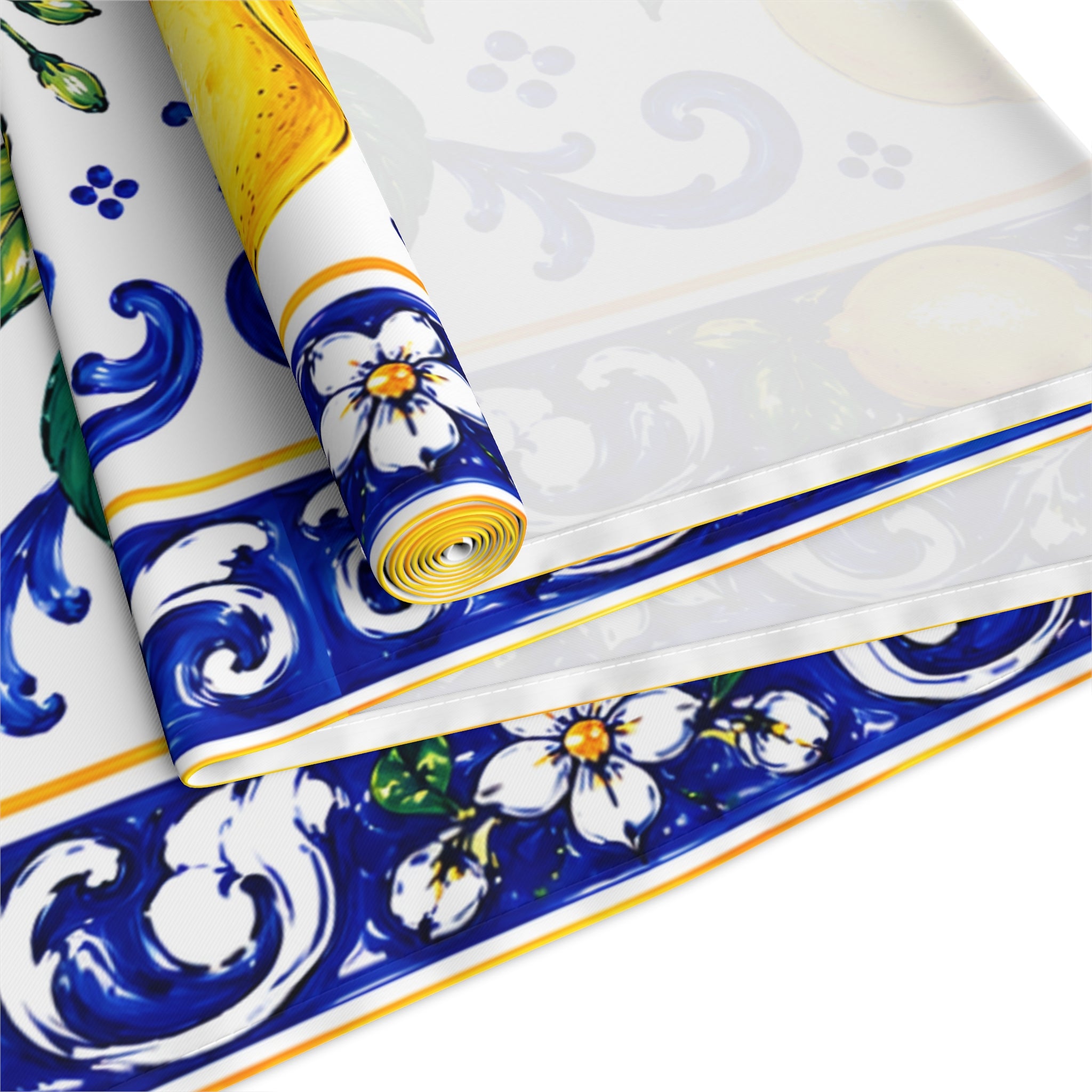 Little Italy Amalfi Blue and White with Lemon Table Runner – Mediterranean Blue & Yellow Dining Decor