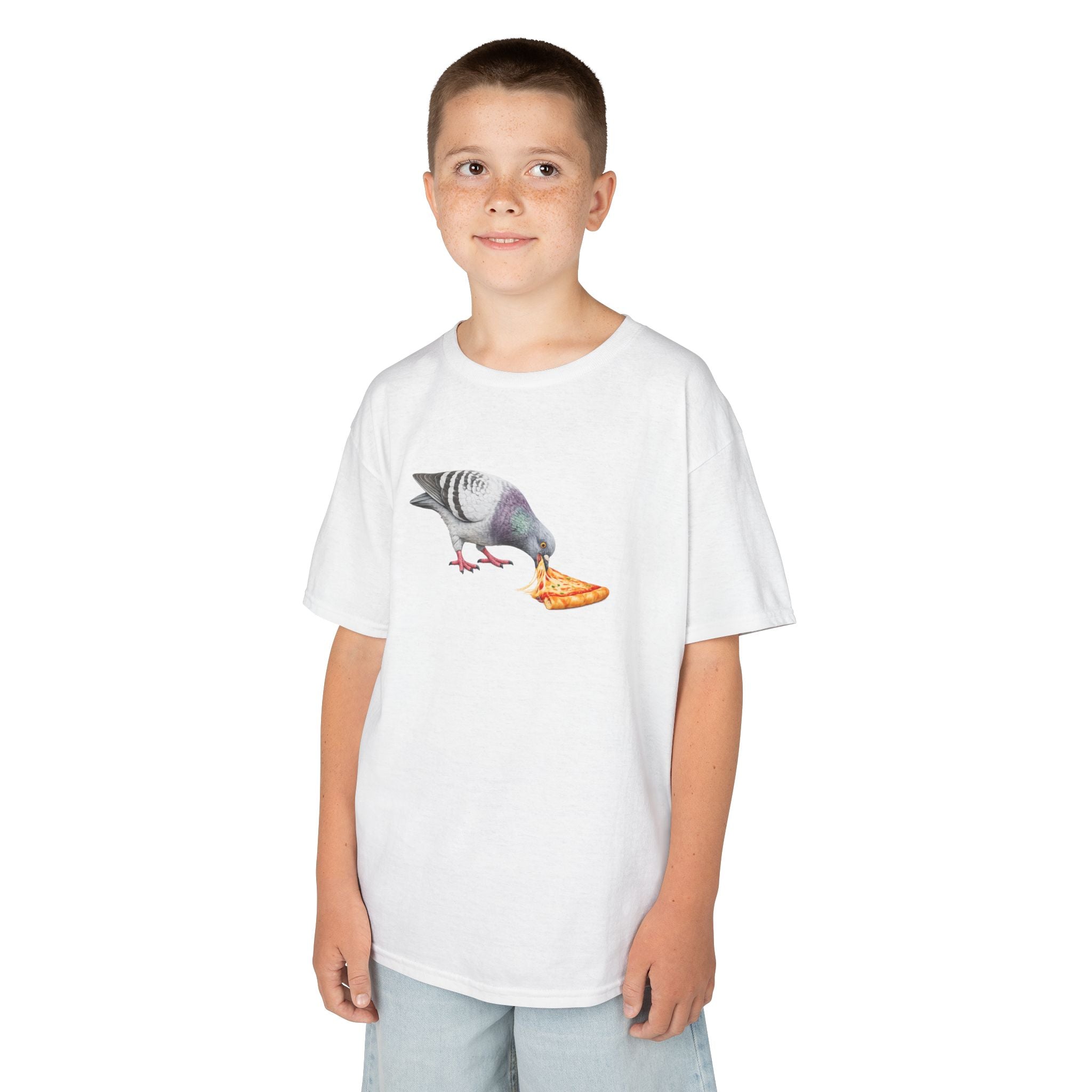 Customizable Little Italy NYC Pigeon Kid Pizza Tee —  Cute Bird Pizza Lover T-Shirt for Children