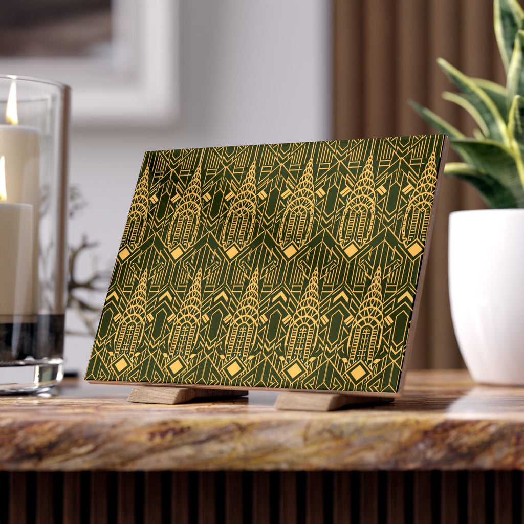 Chrysler Building Art Deco Ceramic Kitchen Backsplash Tile  – NYC Green & Gold Geometric 6" x 8" Shower Tile