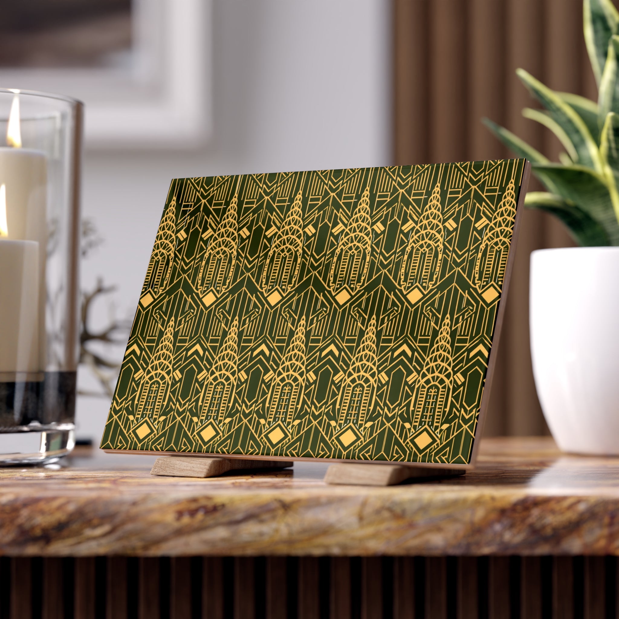 Chrysler Building Art Deco Ceramic Kitchen Backsplash Tile  – NYC Green & Gold Geometric 6" x 8" Shower Tile