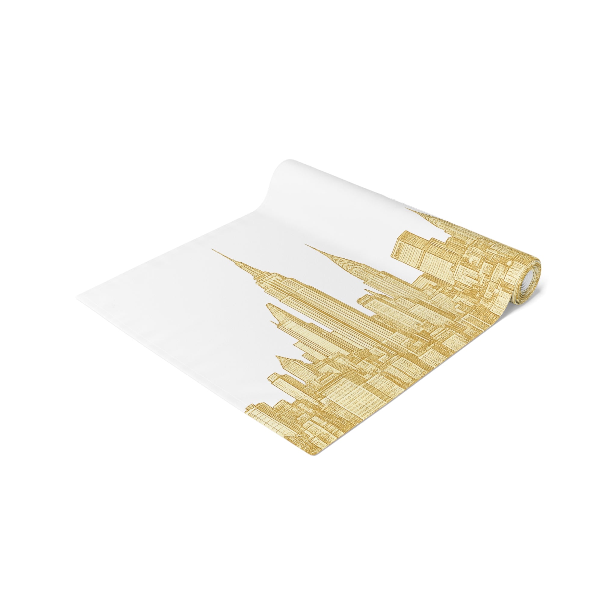 Gold New York City Skyline Table Runner — NYC Manhattan Cityscape Table Decor for Modern Dining
