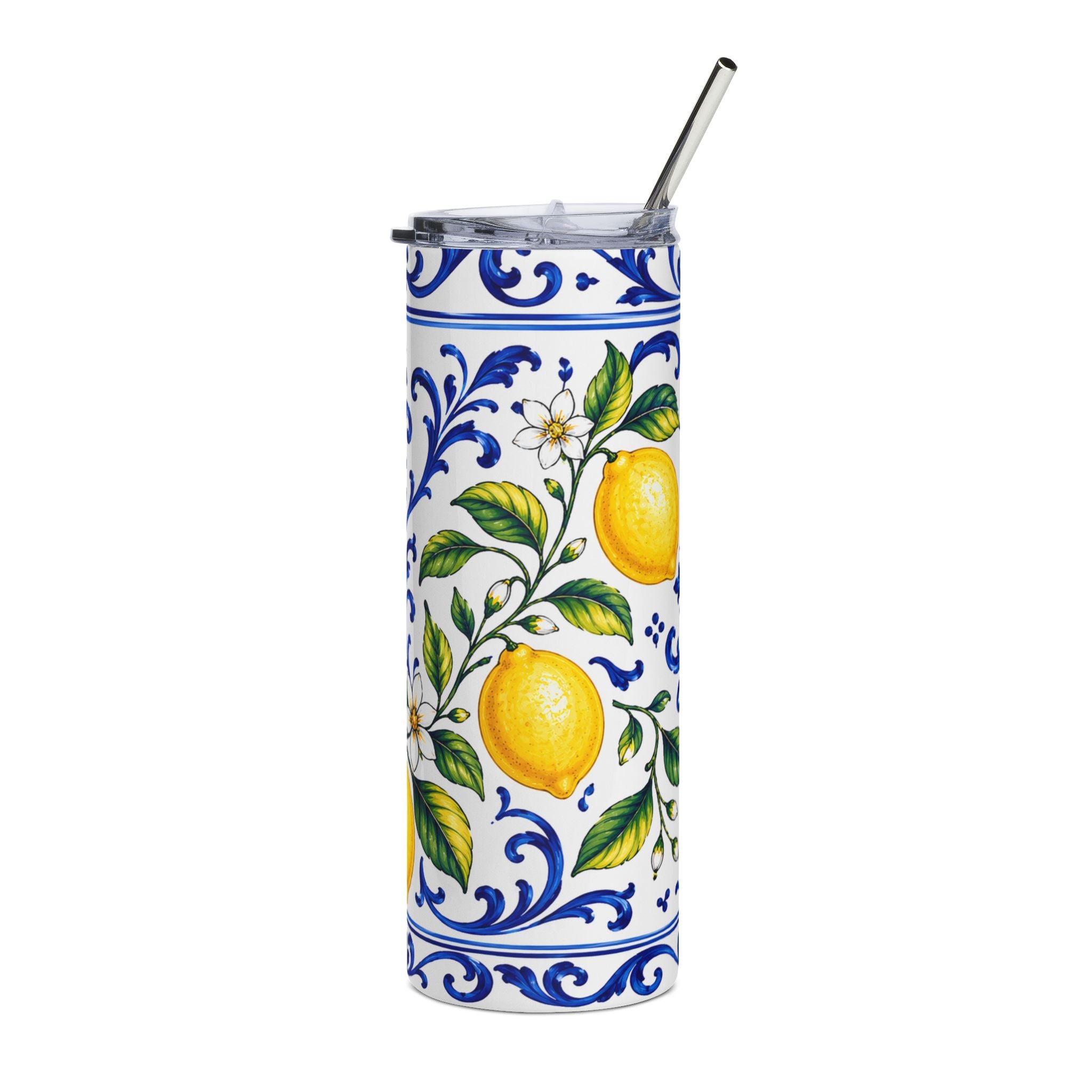 Little Italy Amalfi Blue and White with Lemon Stainless Steel Tumbler — 20oz Insulated Citrus Pattern Travel Cup
