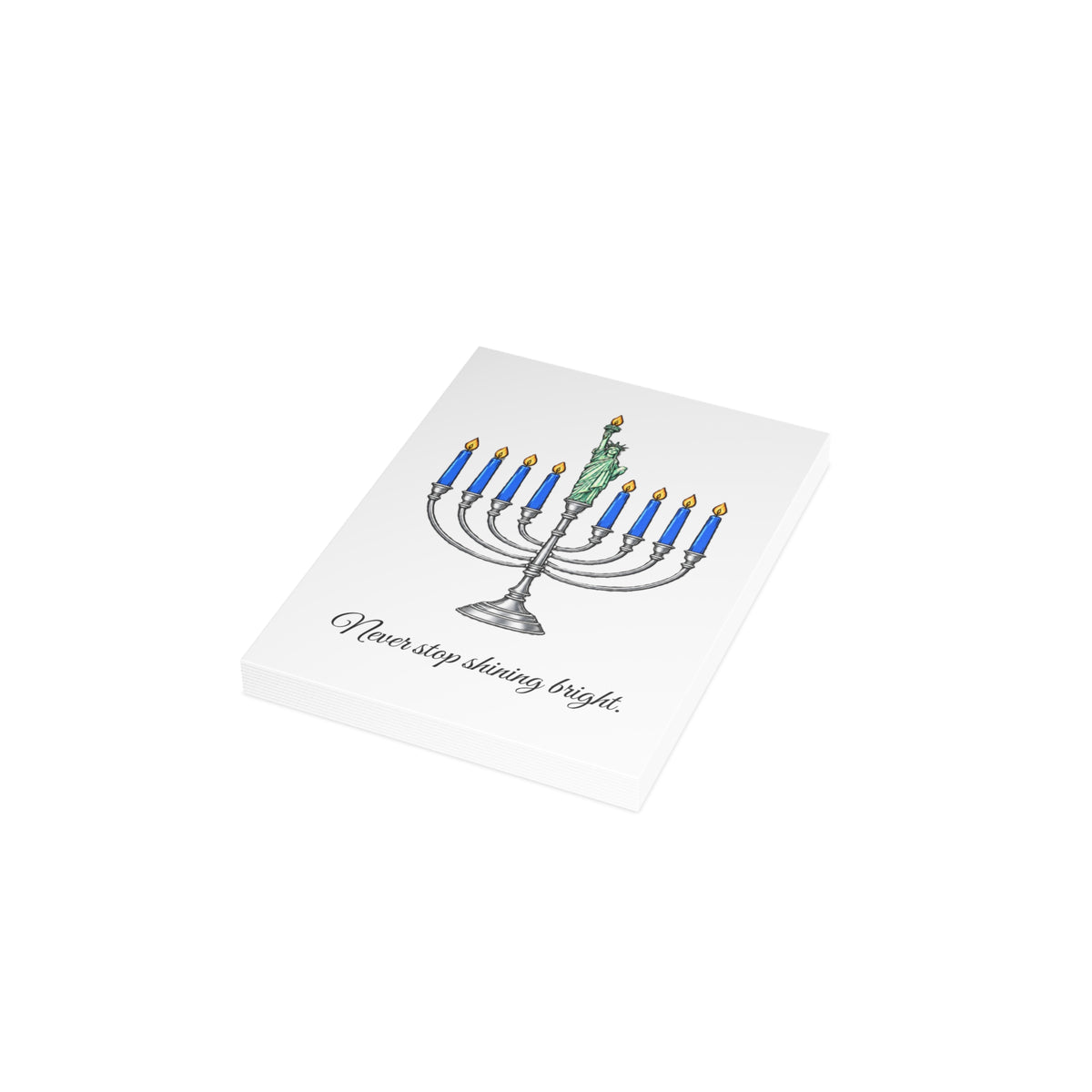Happy Hanukkah Menorah 3.5" x 4.9" Gift Card — “Never Stop Shining Bright” Holiday Card 10 Pack