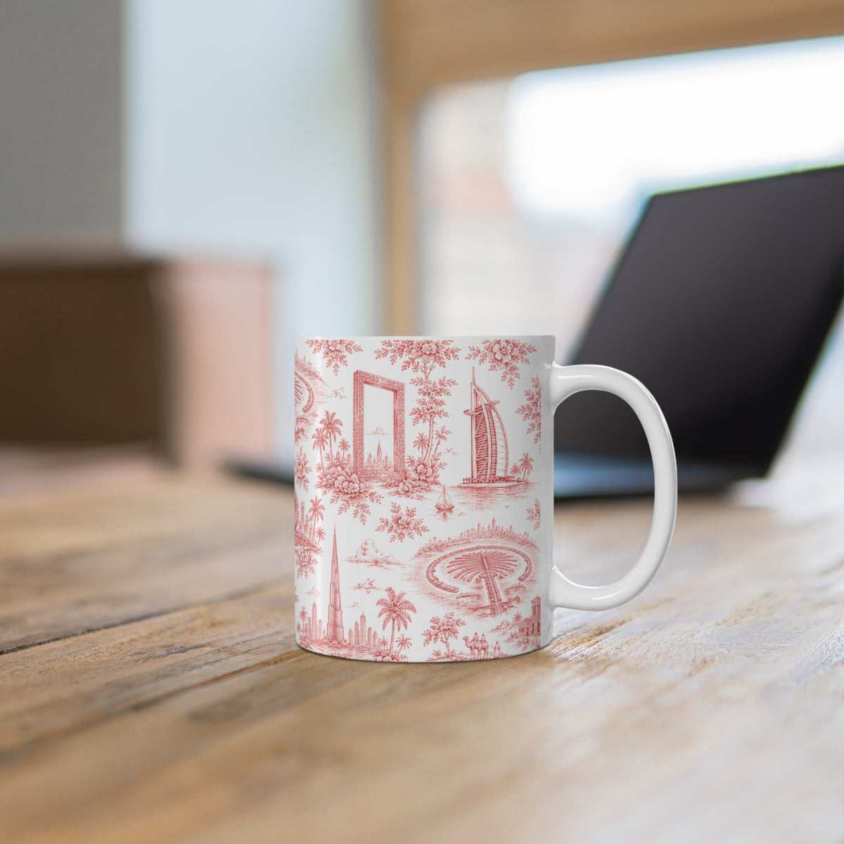 Dubai Red Toile de Jouy Ceramic Mug -  Coffee Cup (11oz; Ships from Europe)