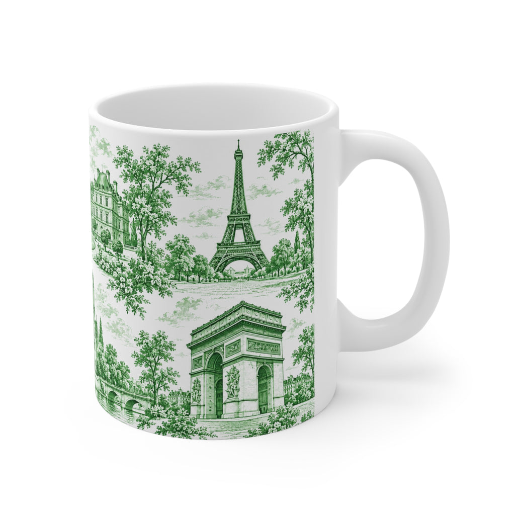 Paris Green and White Toile Ceramic Mug —  (11oz; Ships from Europe)
