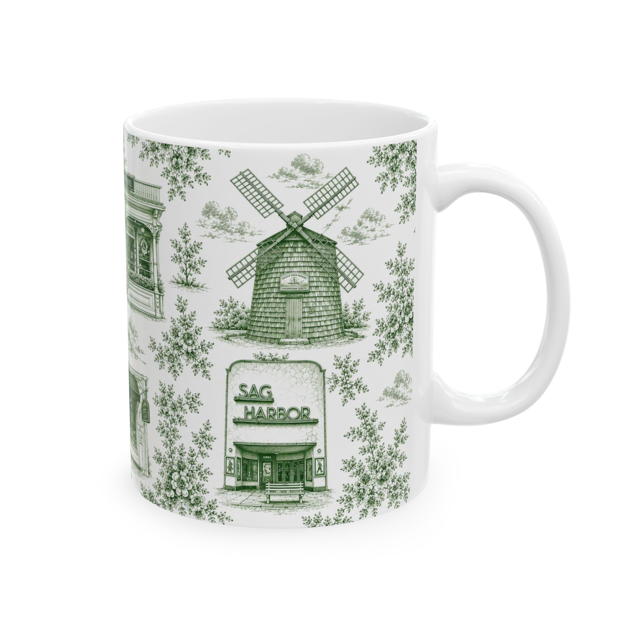 Sag Harbor Green Toile de Jouy Mug | Hamptons Chinoiserie Ceramic Coffee Cup