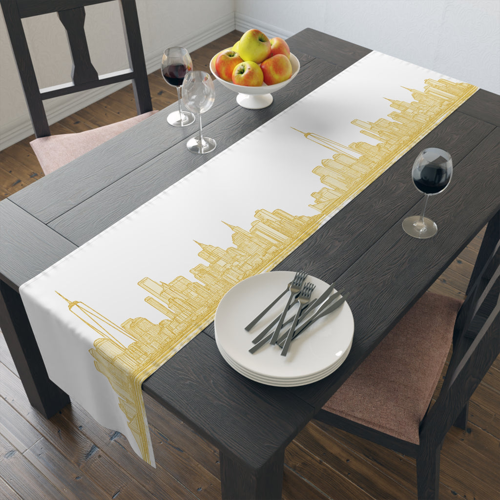 Gold Downtown New York City Skyline Table Runner — NYC Downtown Manhattan Cityscape Table Decor for Modern Dining