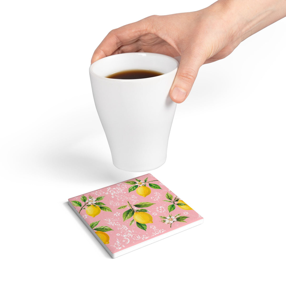 Little Italy Amalfi Pink with Lemon Ceramic Coaster — Mediterranean Lemon Pattern Drink Coaster