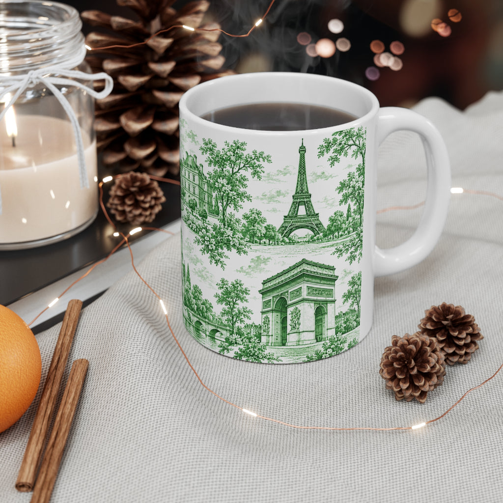 Paris Green and White Toile Ceramic Mug —  (11oz; Ships from Europe)