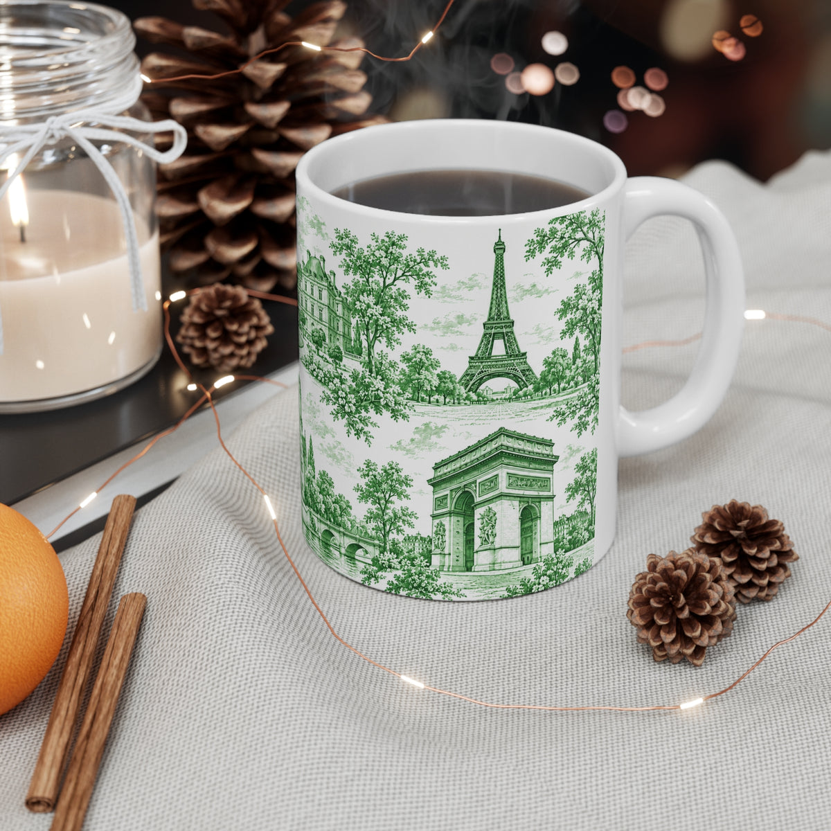 Paris Green and White Toile Ceramic Mug —  (11oz; Ships from Europe)