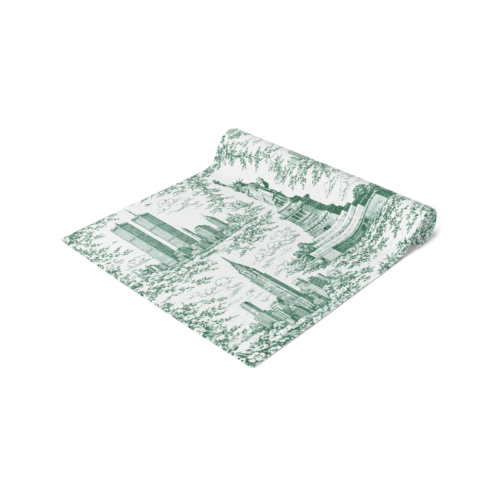 Green Toile de Jouy New York City Cityscape Table Runner — Scenic NYC Chinoiserie Skyline Dining Table Decor