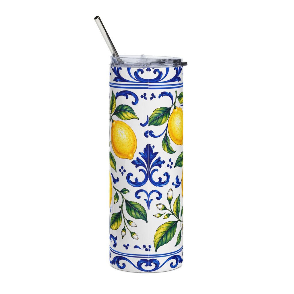 Vaso de acero inoxidable Little Italy Amalfi azul y blanco con limón — Vaso de viaje aislado de 20 oz con patrón de cítricos