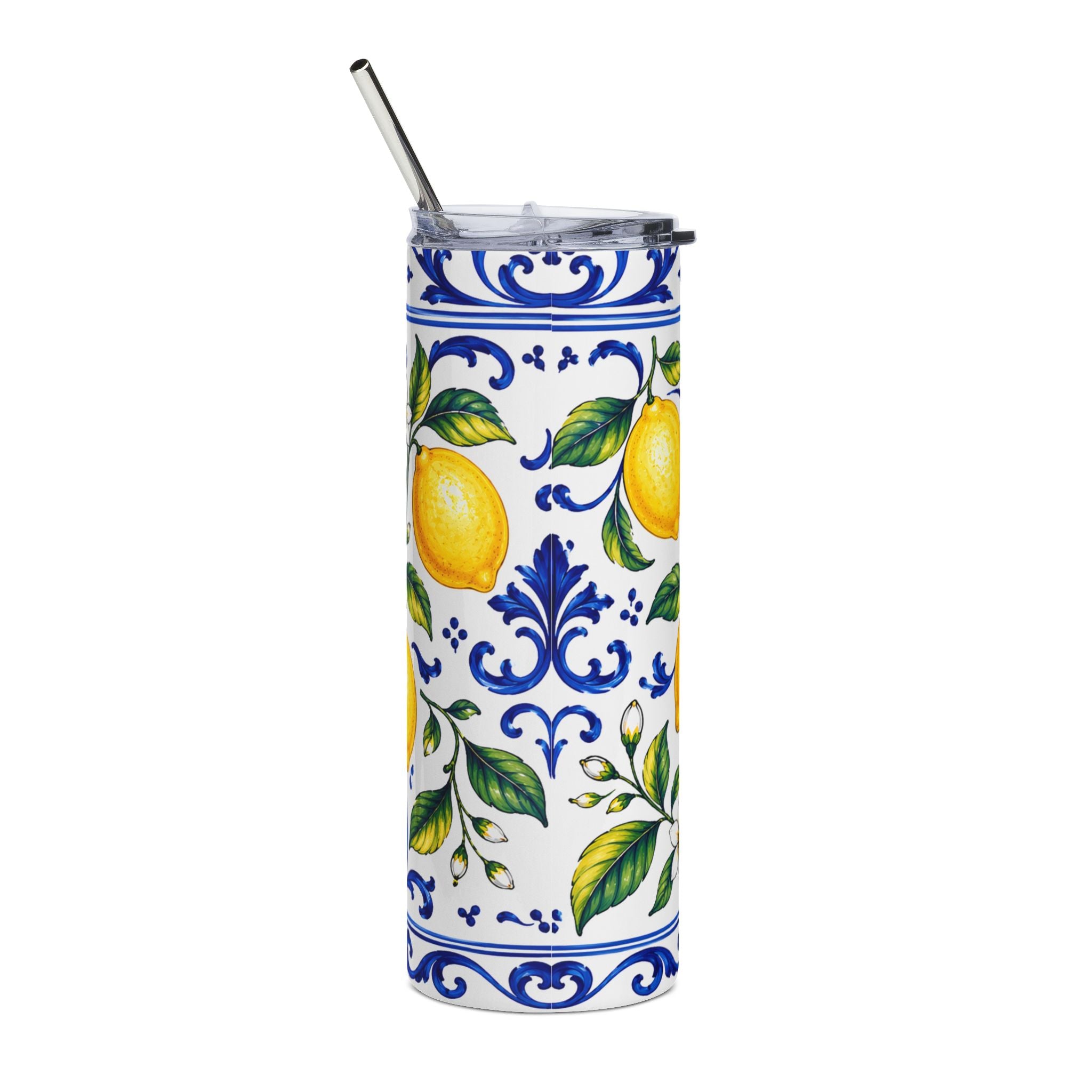 Little Italy Amalfi Blue and White with Lemon Stainless Steel Tumbler — 20oz Insulated Citrus Pattern Travel Cup