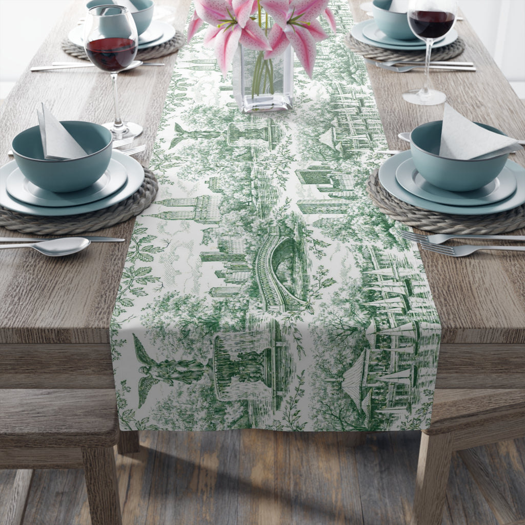 Central Park NYC Green Toile de Jouy Table Runner — New York Chinoiserie Dining Table Decor