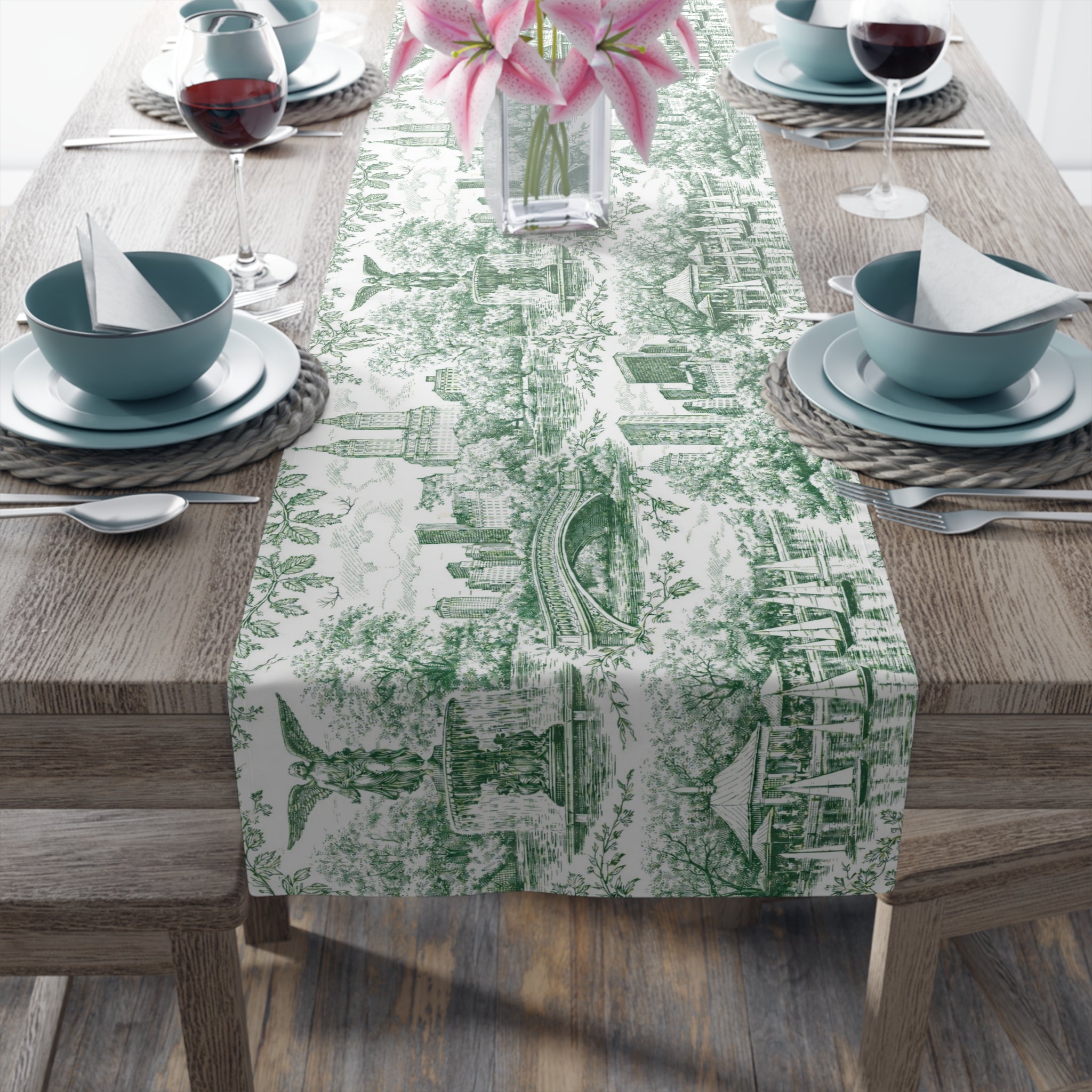 Central Park NYC Green Toile de Jouy Table Runner — New York Chinoiserie Dining Table Decor