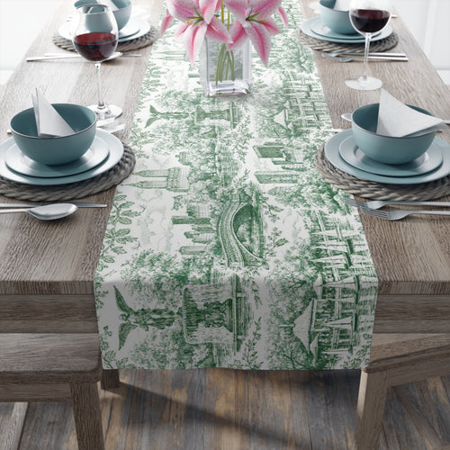 Chemin de table Central Park NYC Toile de Jouy verte — Décoration de table à manger chinoise de New York