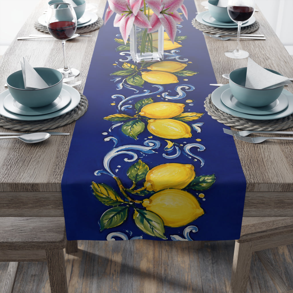Little Italy Amalfi Blue with Lemon Table Runner – Mediterranean Blue & Yellow Dining Decor