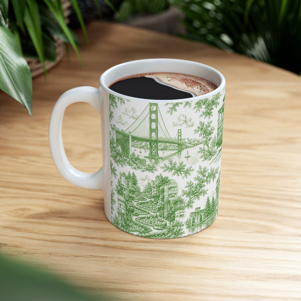 San Francisco Green Toile de Jouy Ceramic Mug — Vintage Cable Car & Palace of Fine Arts Design (11oz)