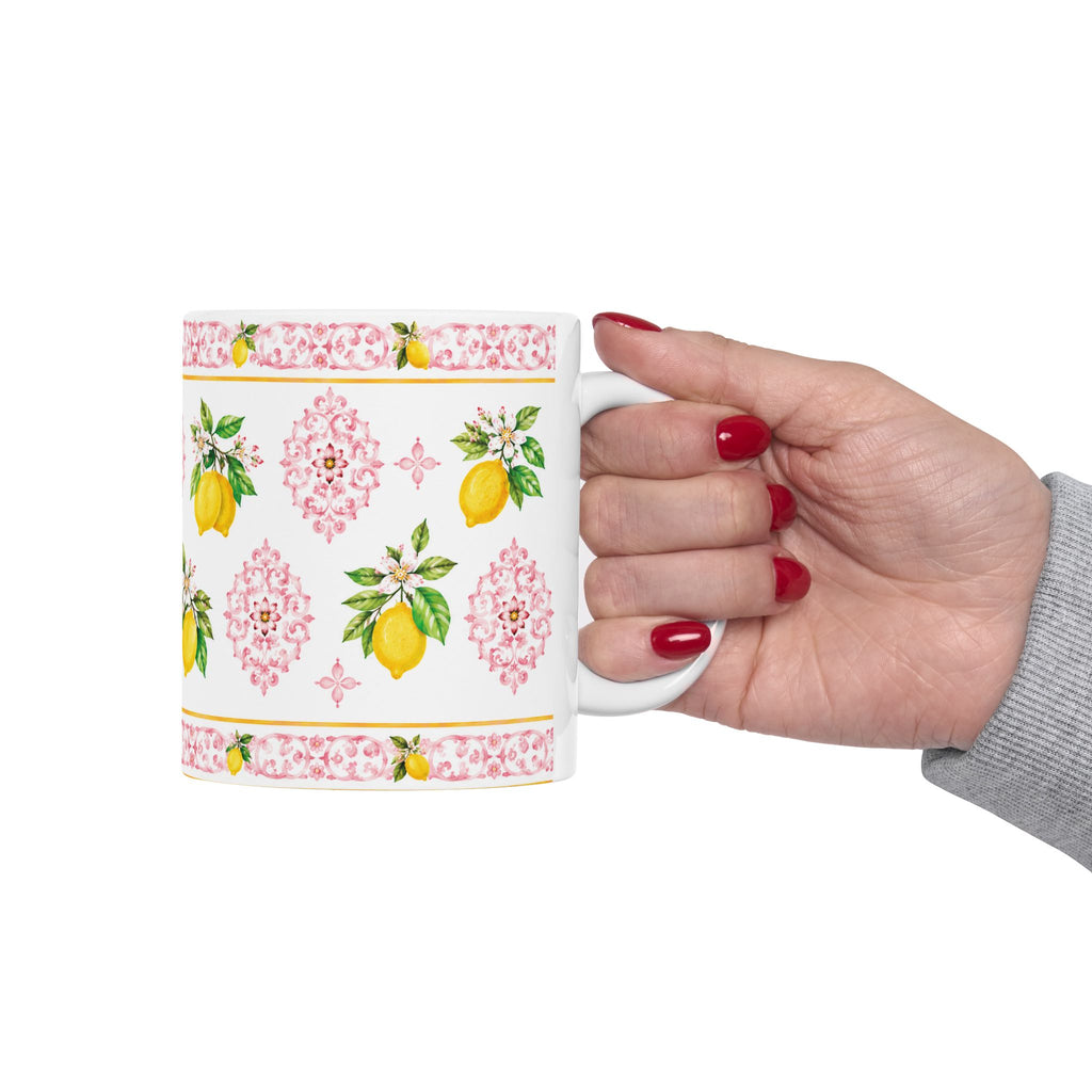 Little Italy Amalfi Pink with Lemon 3 Mug — Italian Mediterranean Pattern Coffee Cup (11oz)
