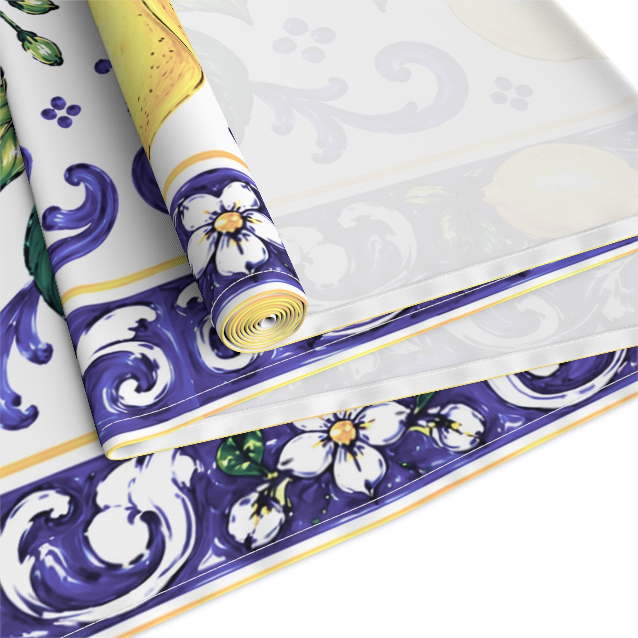 Little Italy Amalfi Blue and White with Lemon Table Runner – Mediterranean Blue & Yellow Dining Decor