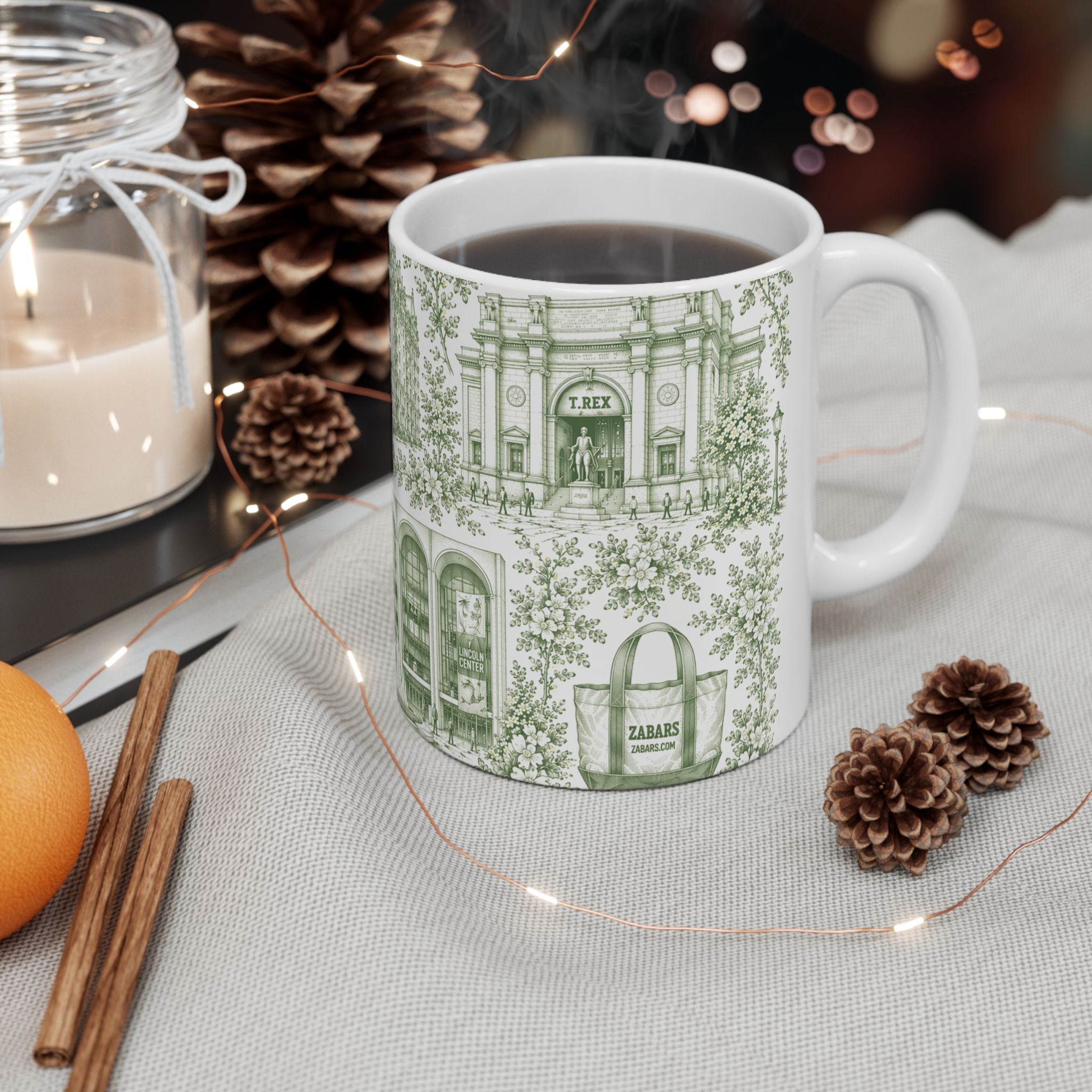 Upper West Side Green Toile Mug | New York Chinoiserie Ceramic Coffee Cup