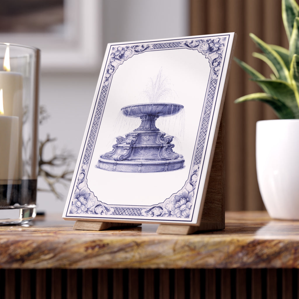 Bryant Park Josephine Shaw Lowell Fountain Blue and White Azulejos-style Ceramic Shower Tile 6" x 8"