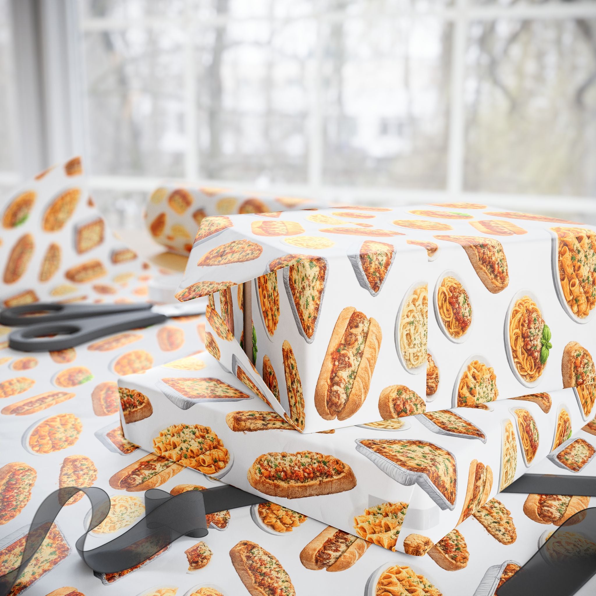 Italian Food Pattern White Gift Wrap Paper | Pasta Spaghetti Rigatoni Meatball Sub Wrapping Paper Roll, Foodie Party Wrap
