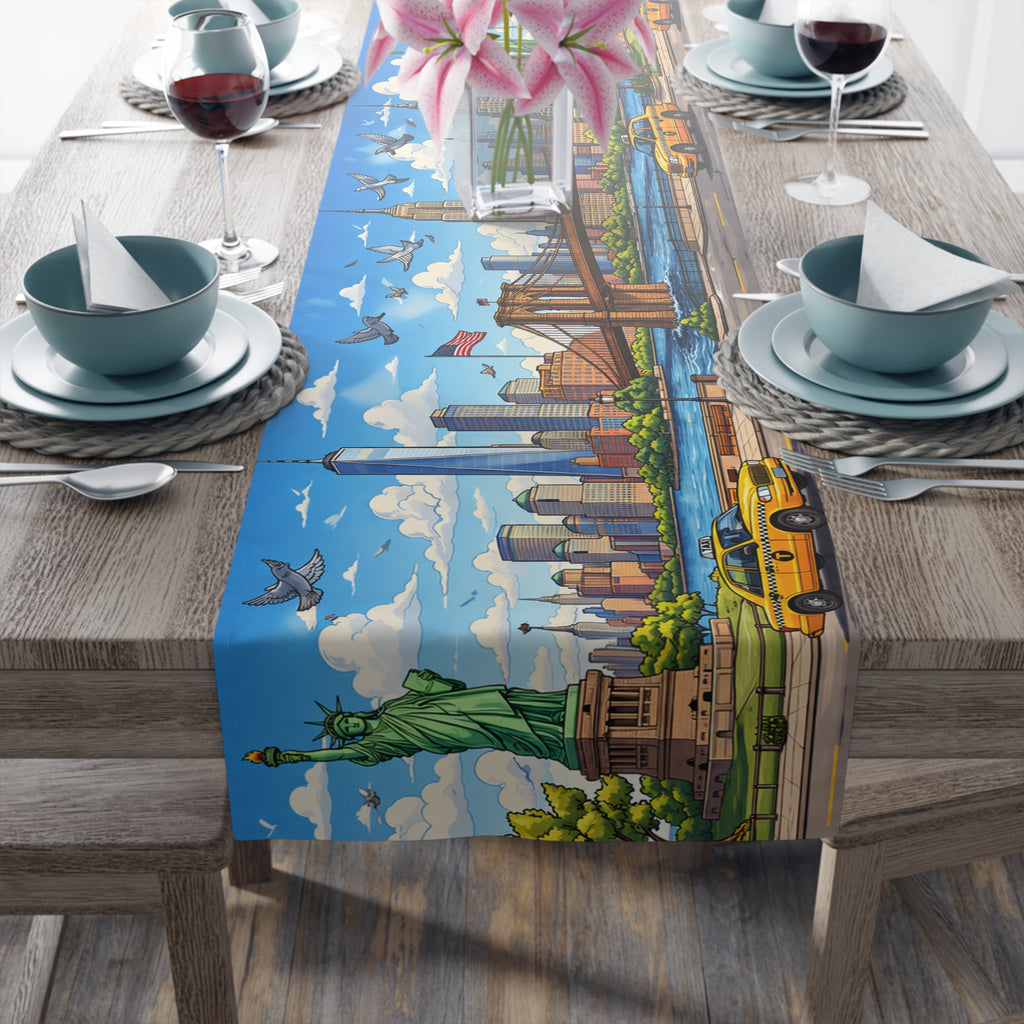 Mantel de mesa de fiesta infantil con iconos de la ciudad de Nueva York — Estatua de la Libertad, Empire State Building y taxi amarillo de Nueva York para decoración de eventos