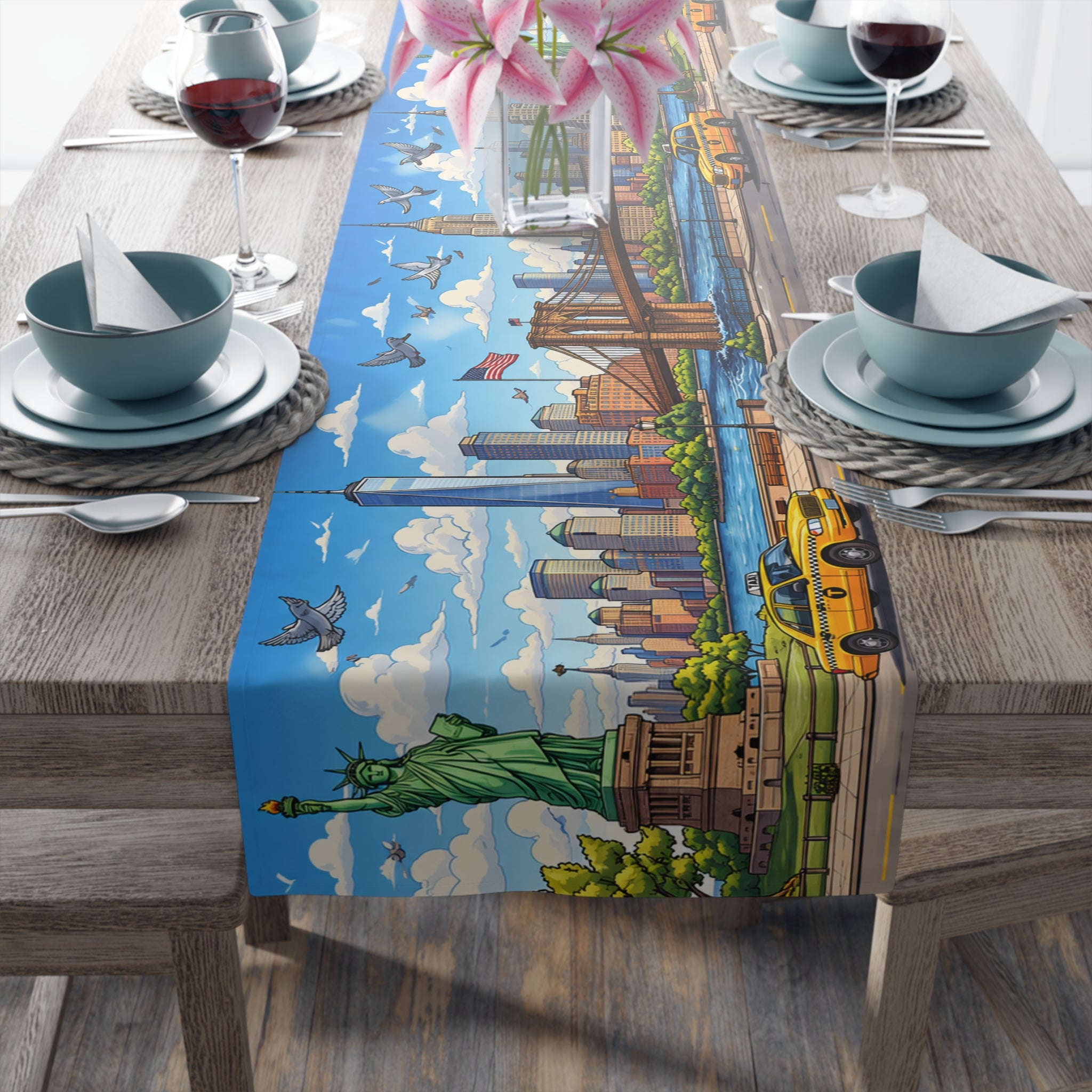 Mantel de mesa de fiesta infantil con iconos de la ciudad de Nueva York — Estatua de la Libertad, Empire State Building y taxi amarillo de Nueva York para decoración de eventos