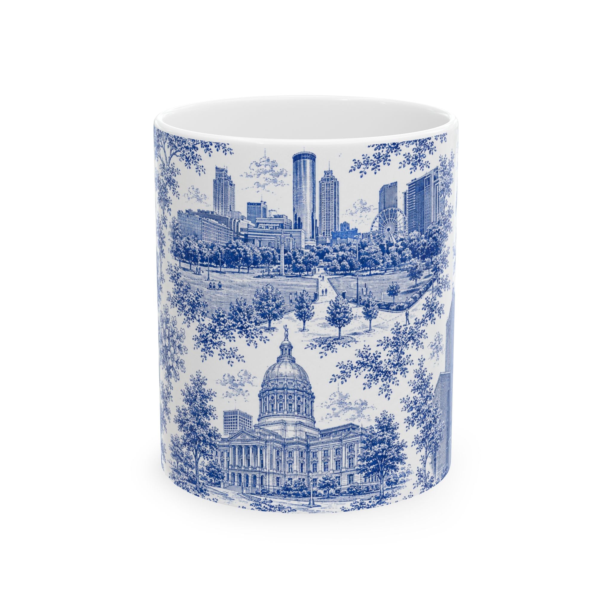 Atlanta Blue Toile de Jouy Ceramic Mug — Atlanta, Georgia Skyline & Capitol Illustration (11oz)