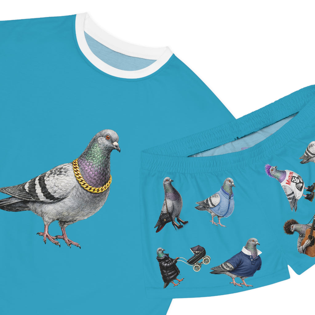 Blue NYC Pigeon Pattern Short Pajama Set | New York City Bird Lovers PJs Cozy Sleepwear