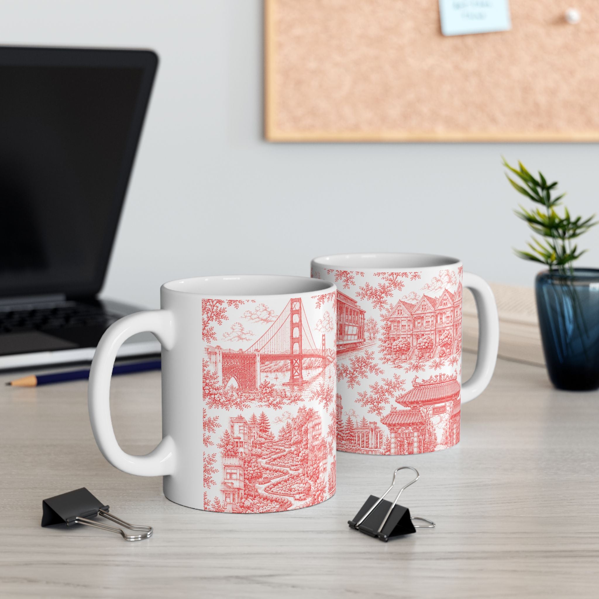 San Francisco RedToile de Jouy Ceramic Mug — Vintage Cable Car & Palace of Fine Arts Design (11oz)