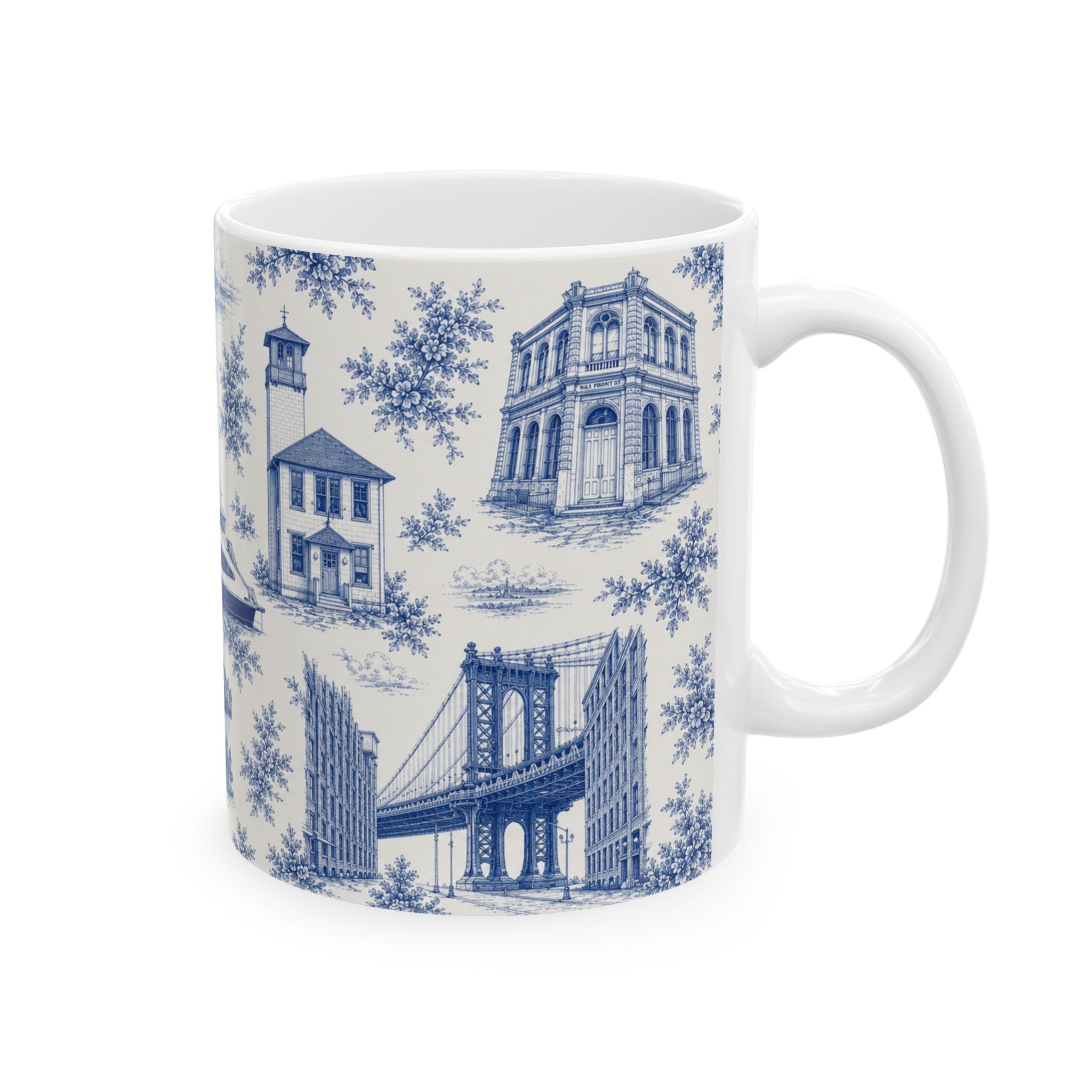 DUMBO Blue Toile de Jouy Mug | NYC Chinoiserie Ceramic Coffee Cup