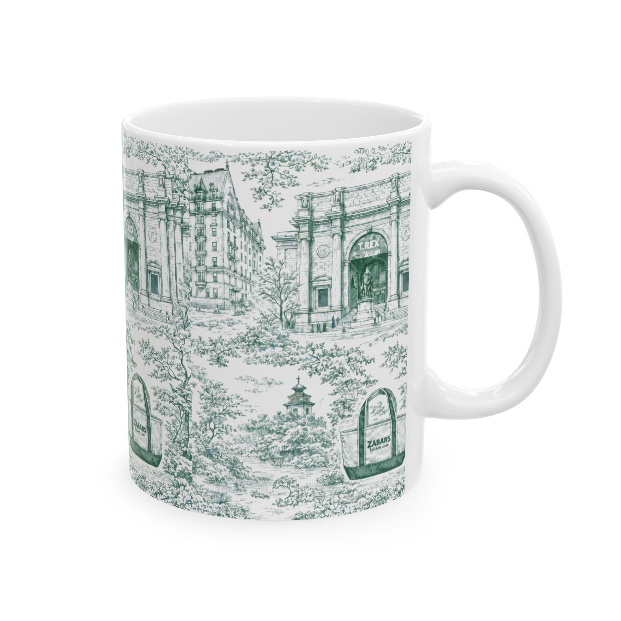 Upper West Side Green and White Toile Mug | New York Chinoiserie Ceramic Coffee Cup