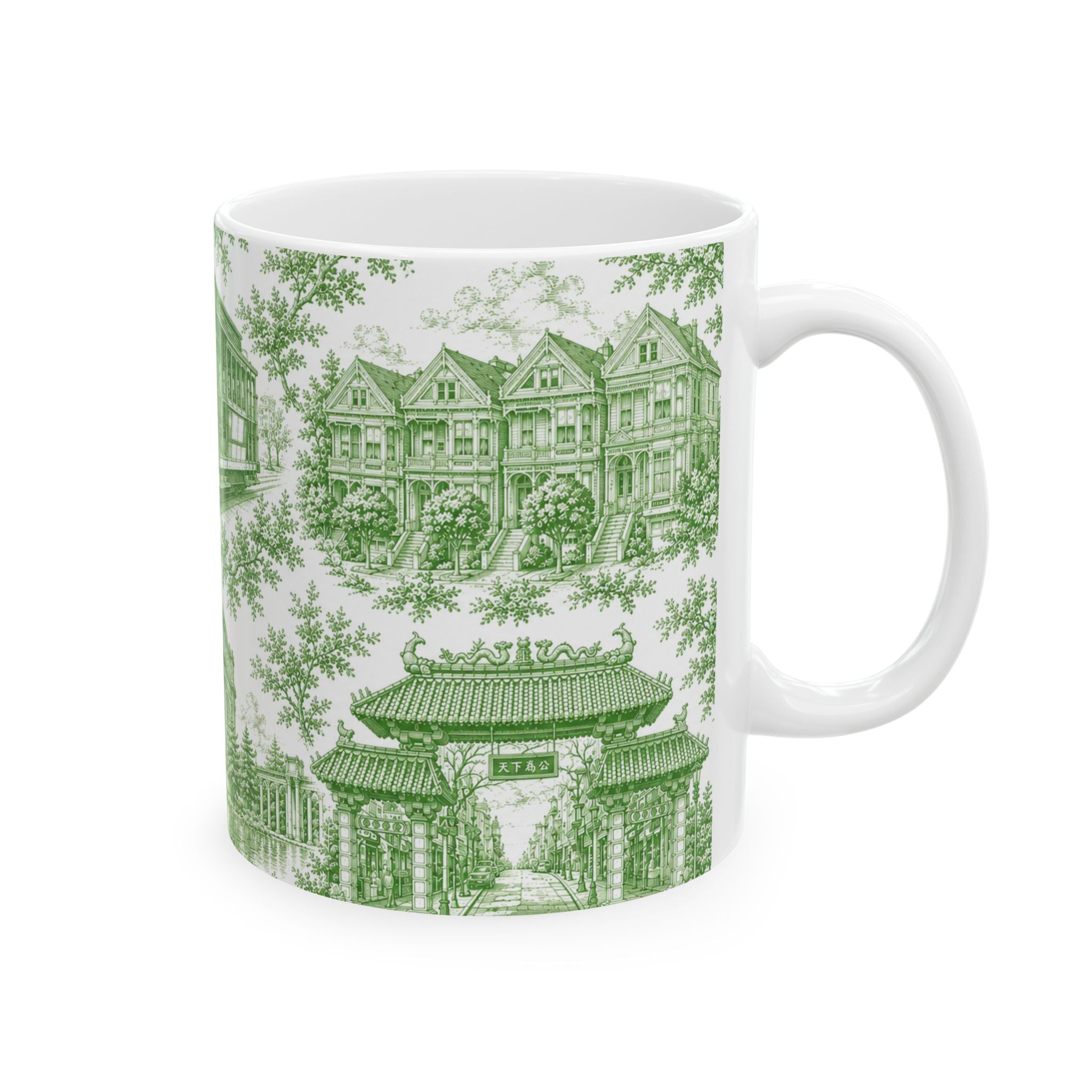 San Francisco Green Toile de Jouy Ceramic Mug — Vintage Cable Car & Palace of Fine Arts Design (11oz)
